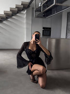 Tüllü Babydoll Seksi Siyah Takım